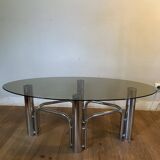 Table basse chrome et verre fumé ovale années 70