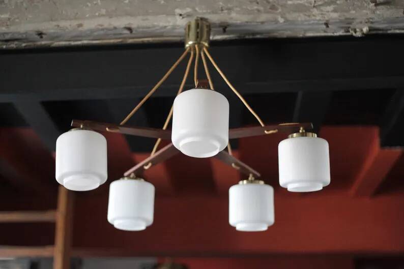 Teak and opaline pendant light, Scandinavian ceiling lamp, vintage wooden pendant with 5 lights, decor.