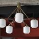 Teak and opaline pendant light, Scandinavian ceiling lamp, vintage wooden pendant with 5 lights, decor.