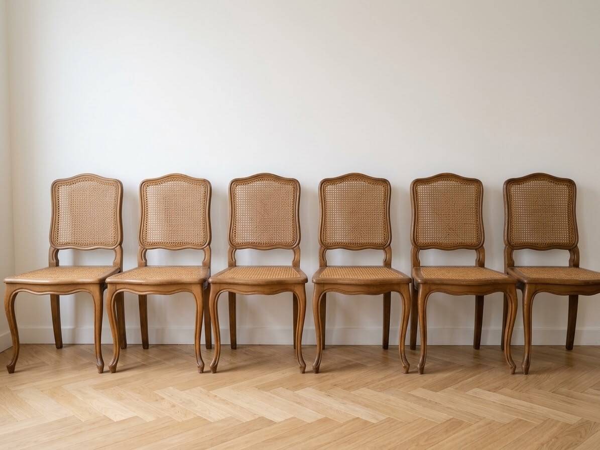 Lot de 6 chaises anciennes en bois et cannage