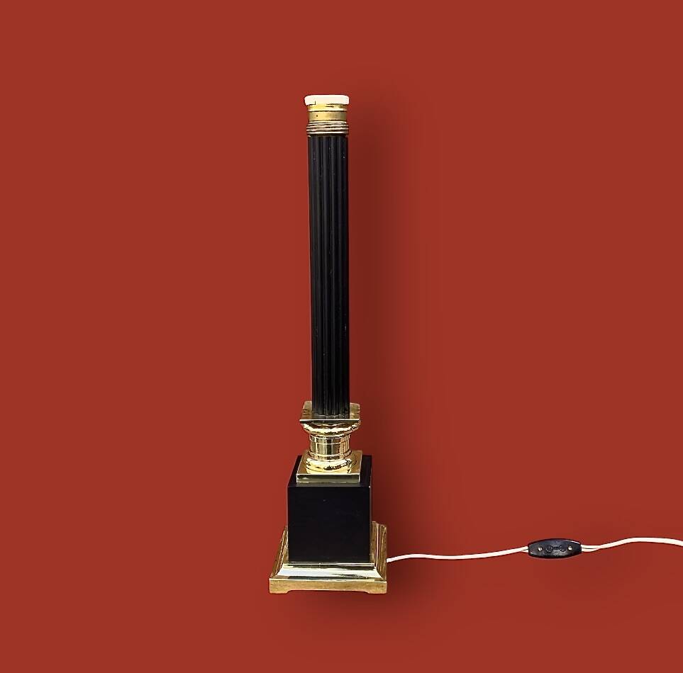 Ancienne lampe colonne néoclassique en laiton doré et noir et papier