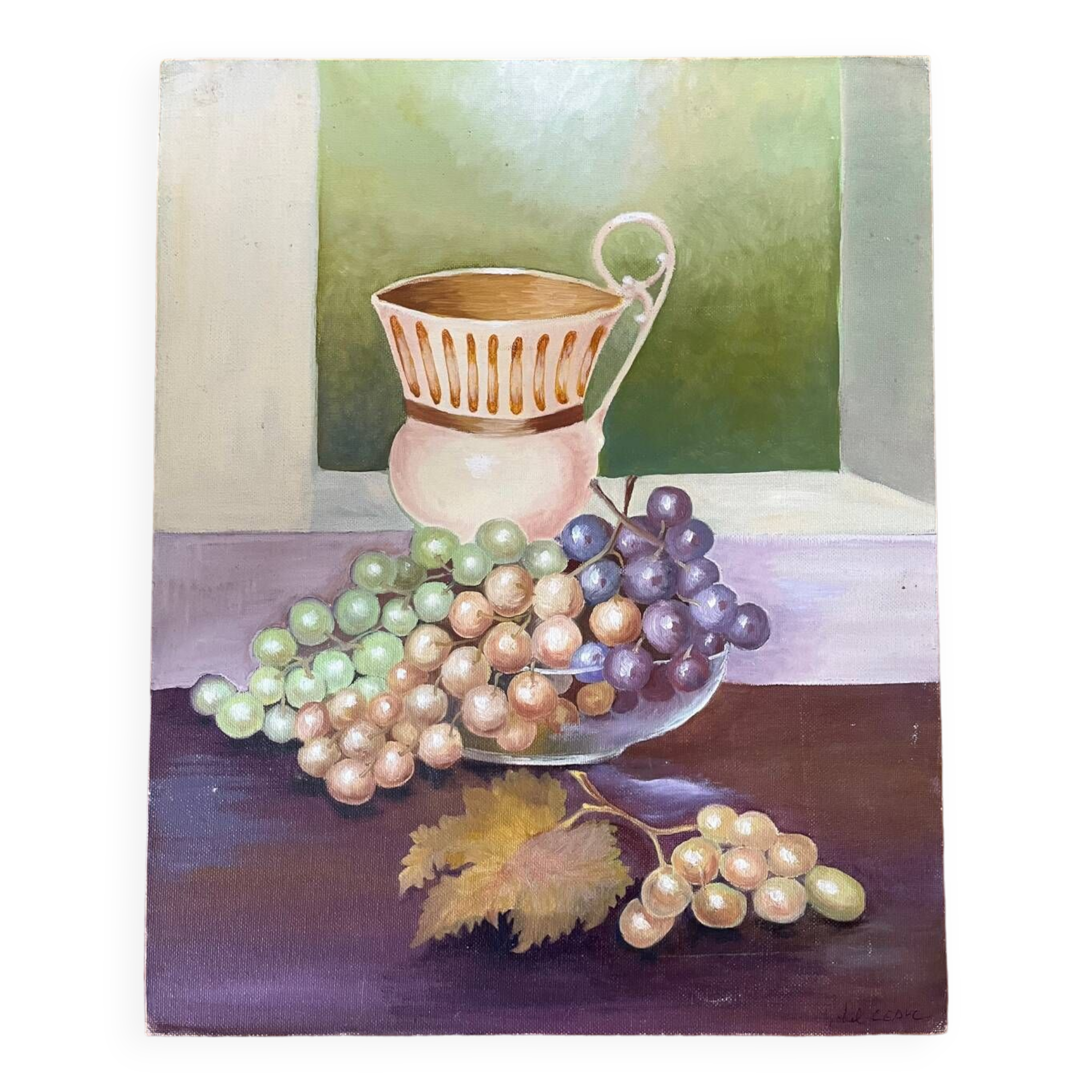 Painting: oil on cardboard - Still life with grapes