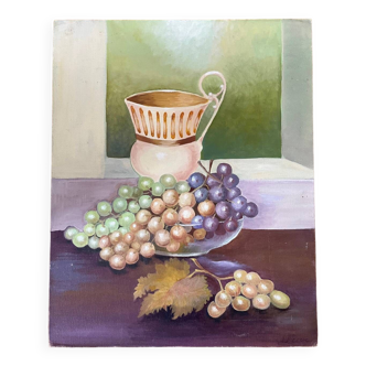 Painting: oil on cardboard - Still life with grapes