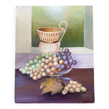 Painting: oil on cardboard - Still life with grapes
