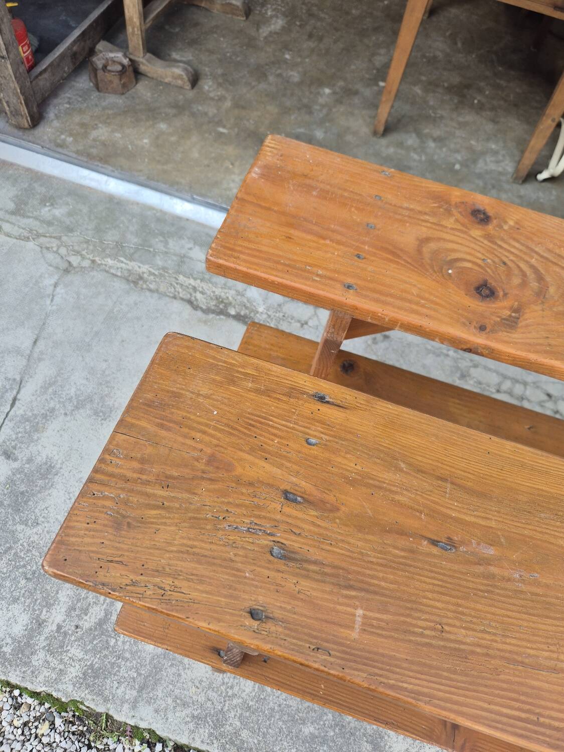 Set of 4 farm benches in old fir 1950s - 1m30