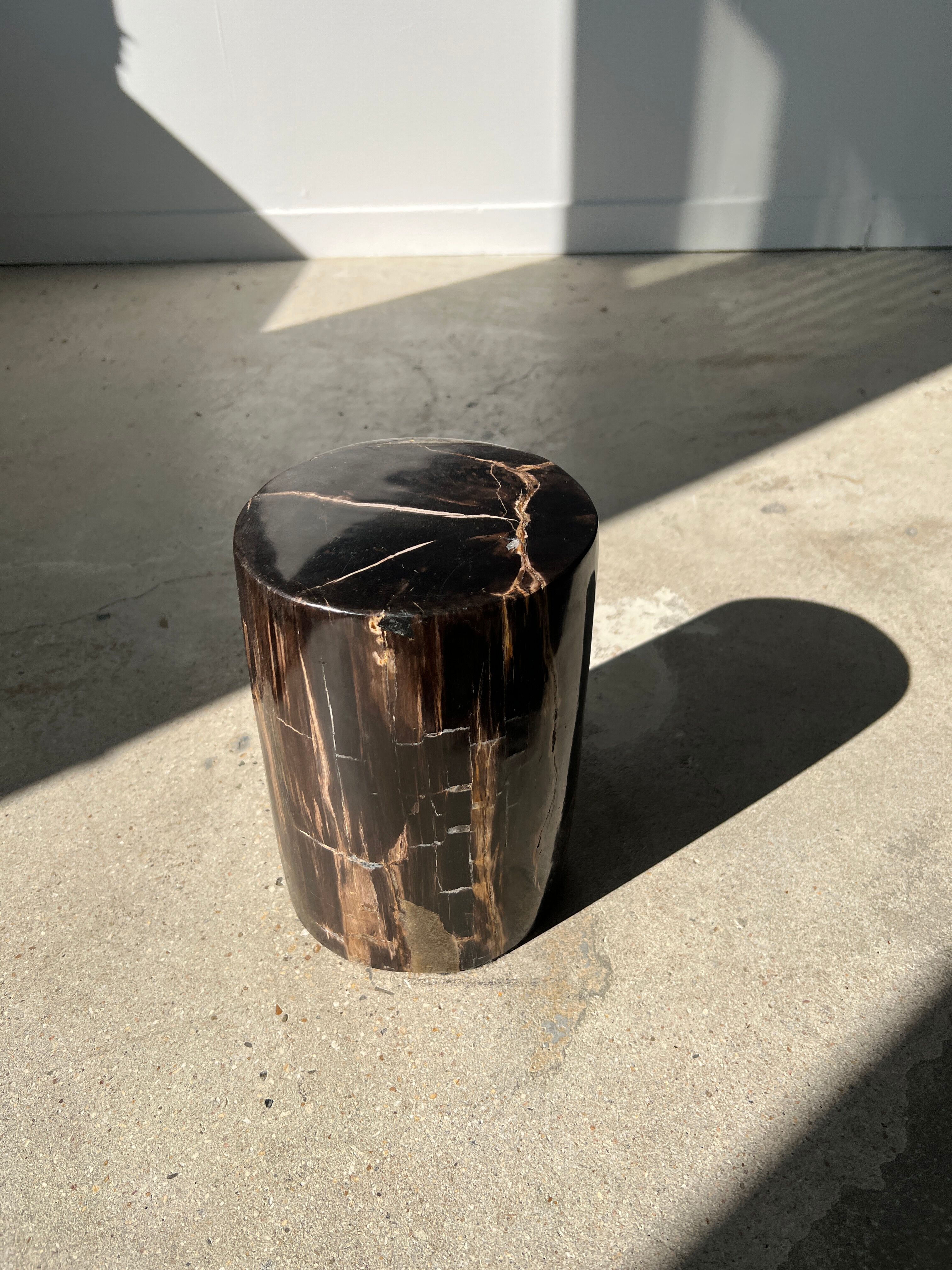 Side table in black petrified wood with light streaks h: 27,5cm d:18,5cm