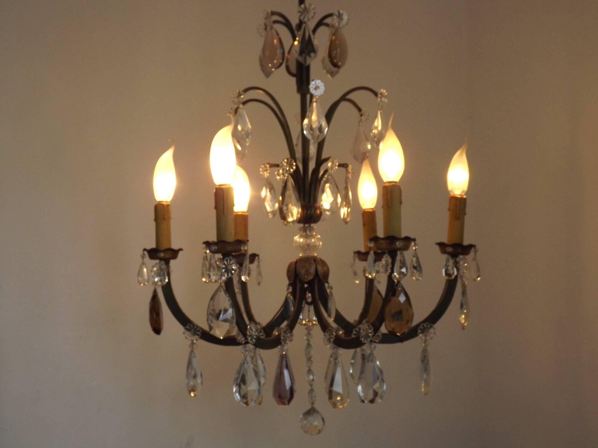 French Art Deco 6-Light Green Finish Bronze Crystal & Glass Chandelier 5343