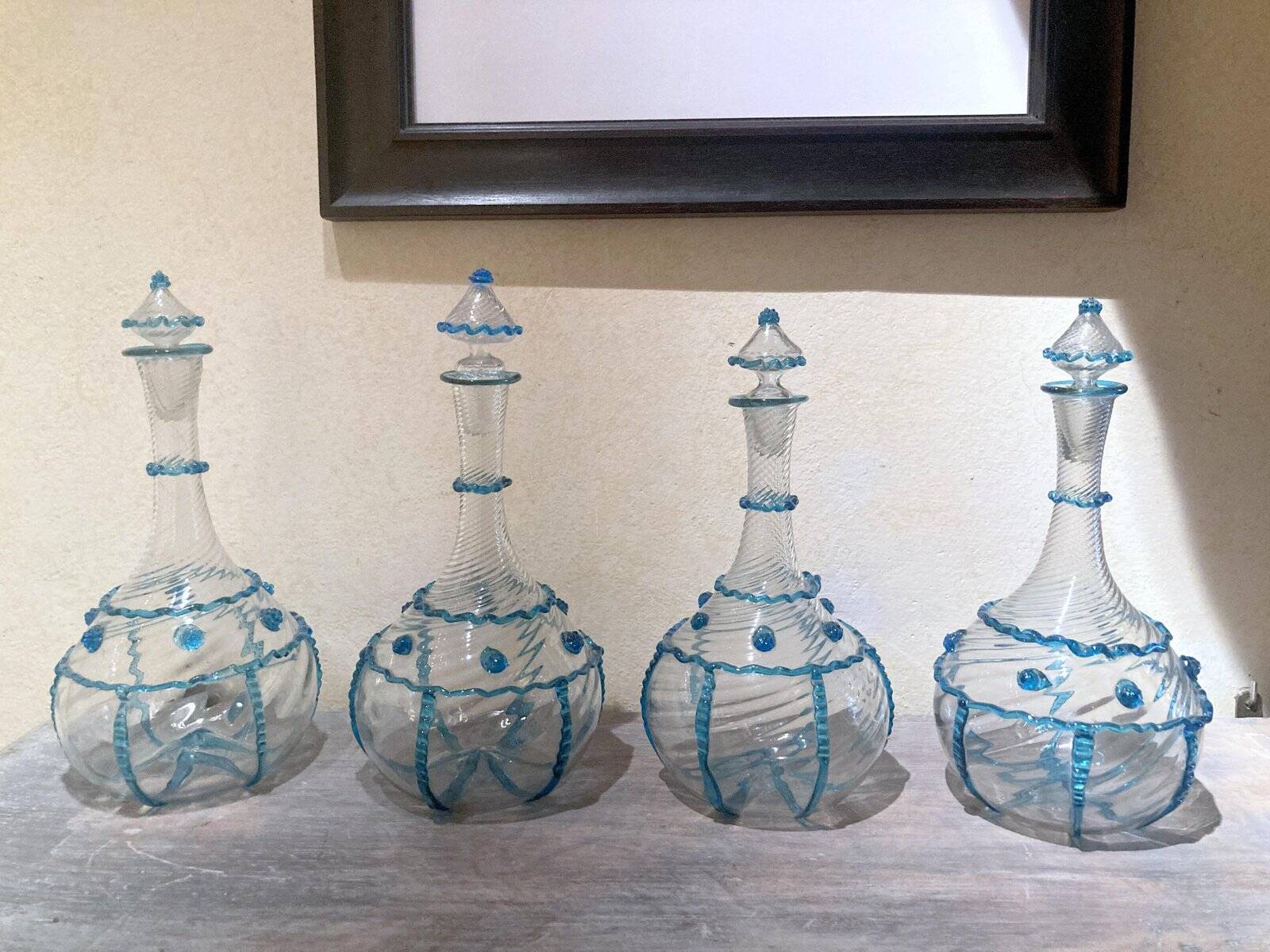 18th Century Italian Murano Clear Glass and Blue Trimmed Blown Glass Bottle