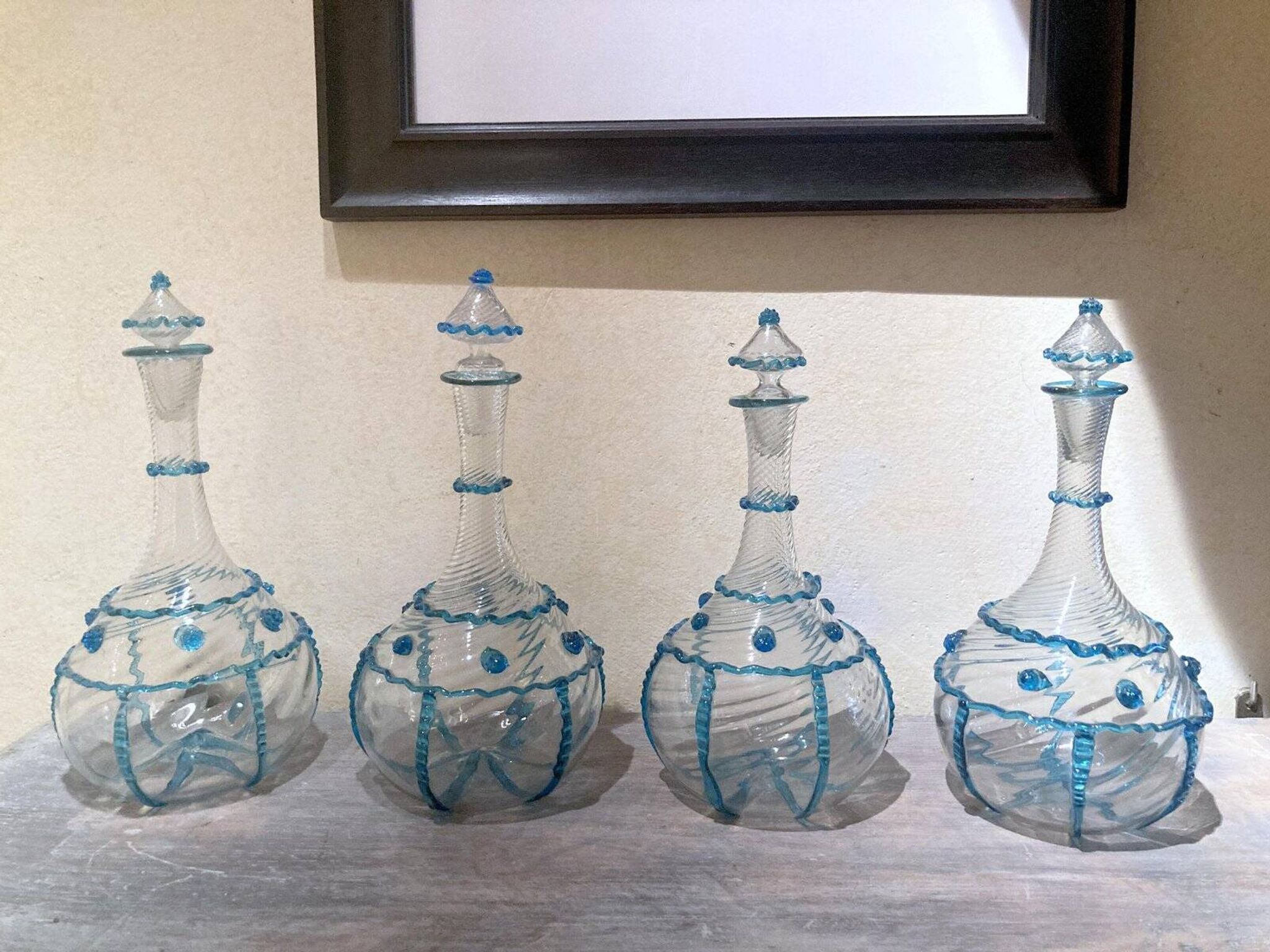 18th Century Italian Murano Clear Glass and Blue Trimmed Blown Glass Bottle