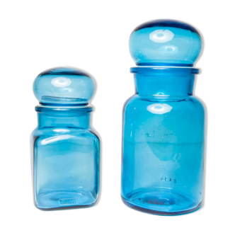 2 blue dash glass jars