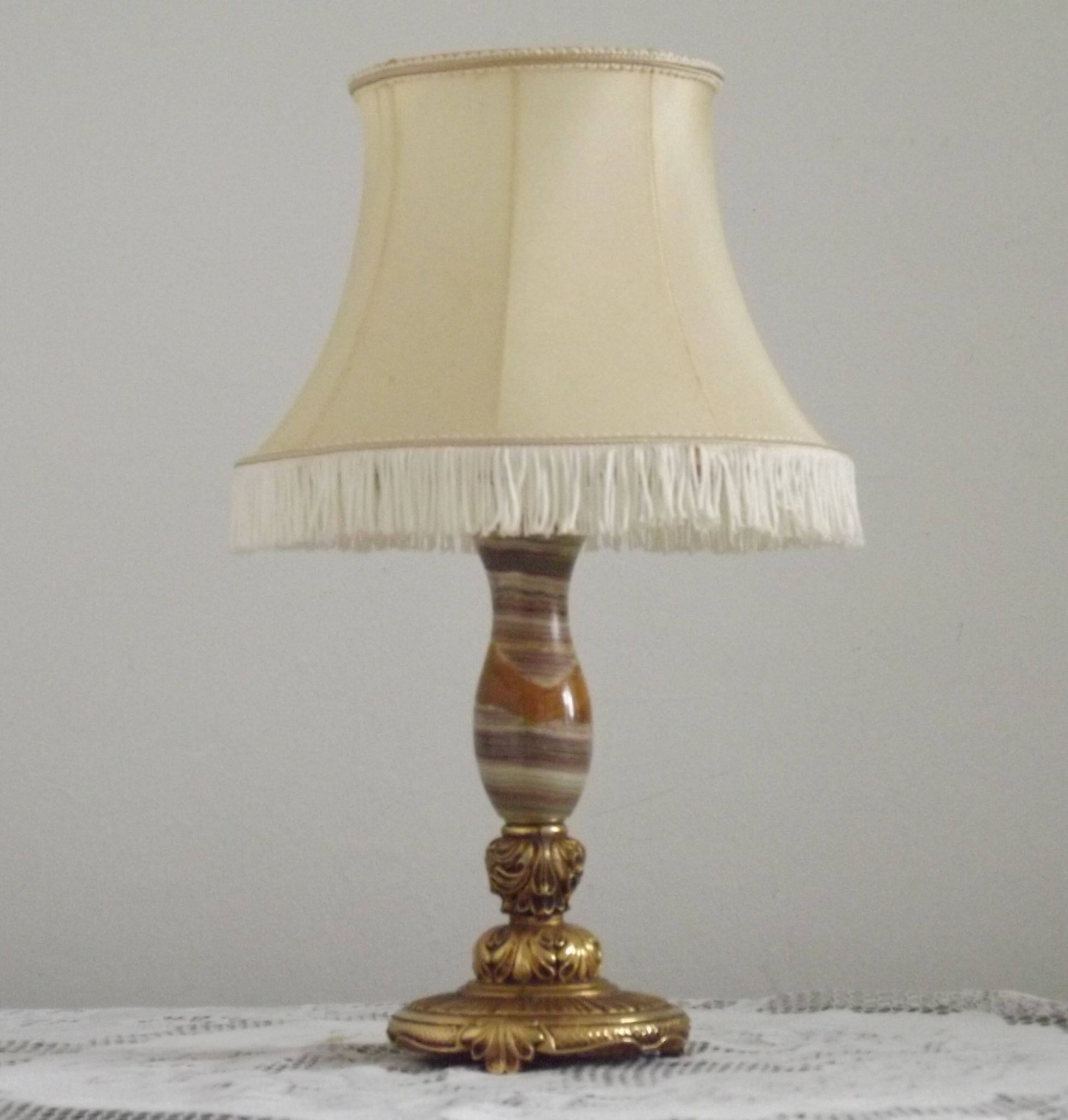 Vintage French Round Brass and Onyx Table Lamp With Cream Fringed Shade