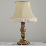 Vintage French Round Brass and Onyx Table Lamp With Cream Fringed Shade