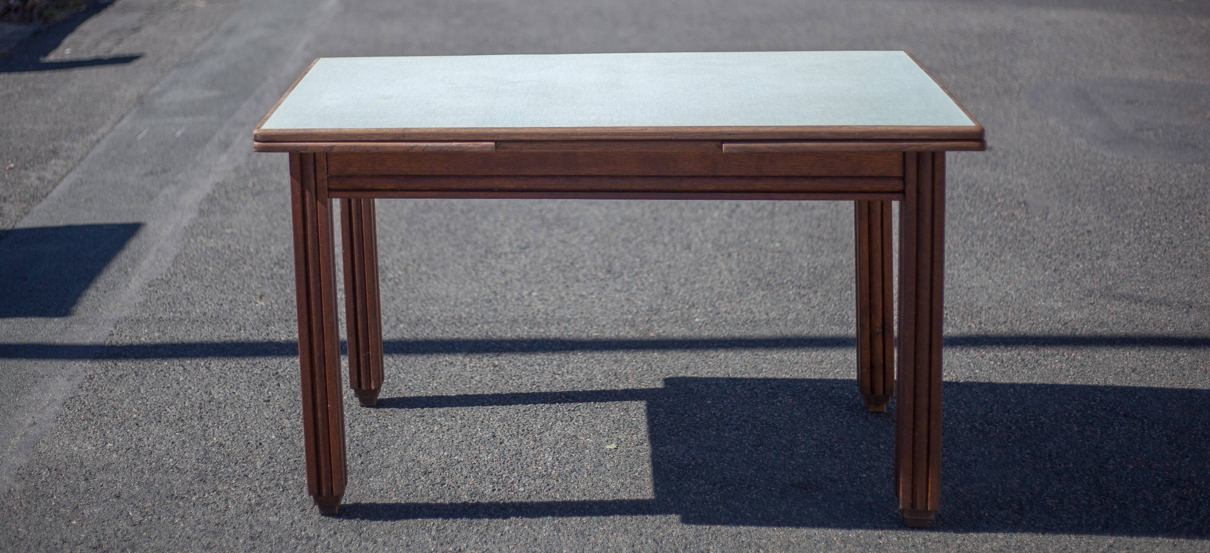 Antique wood table with 4 chairs, wooden table and formica, stepped foot table with extensions, 50's