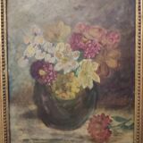 Oil on cardboard signed "Still life with bouquet of flowers" gilded wooden frame