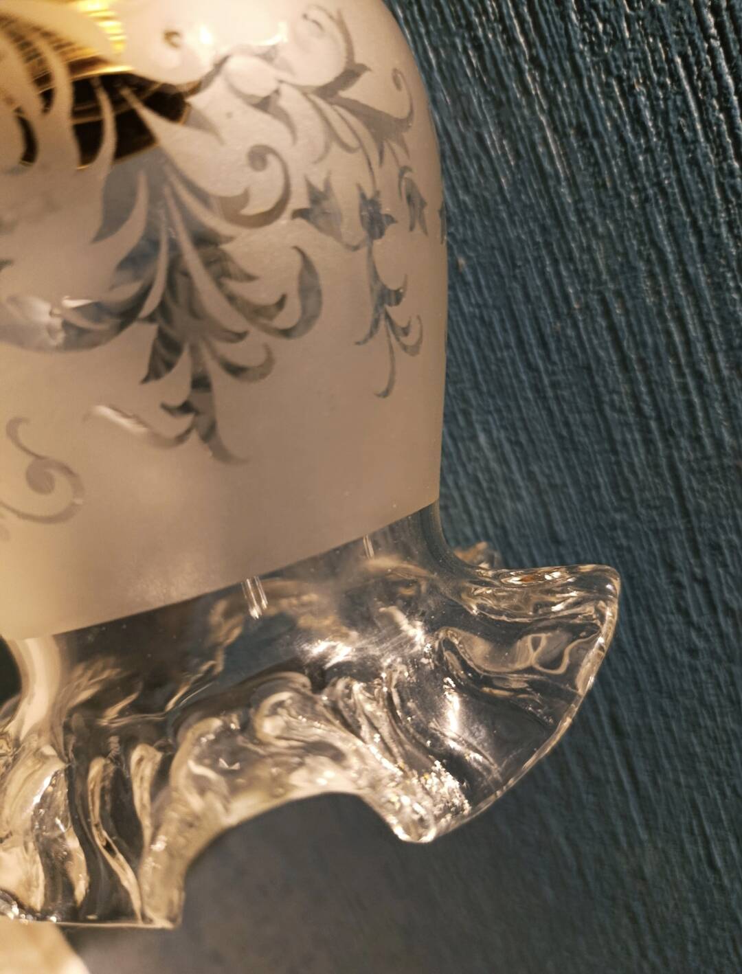 frosted glass suspension tulip shape, twisted linen cord, vintage