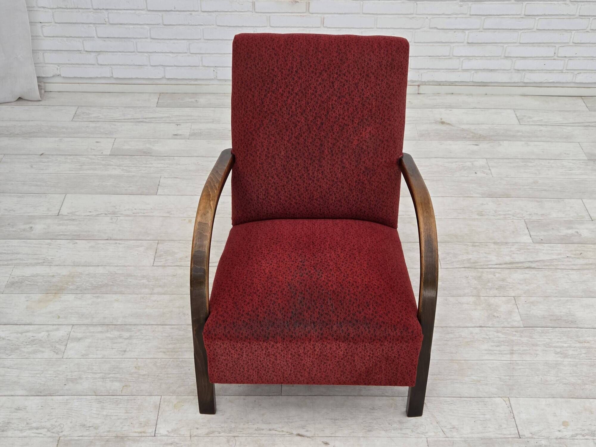 1950s, Danish art deco armchair, original red furniture wool, beech wood.