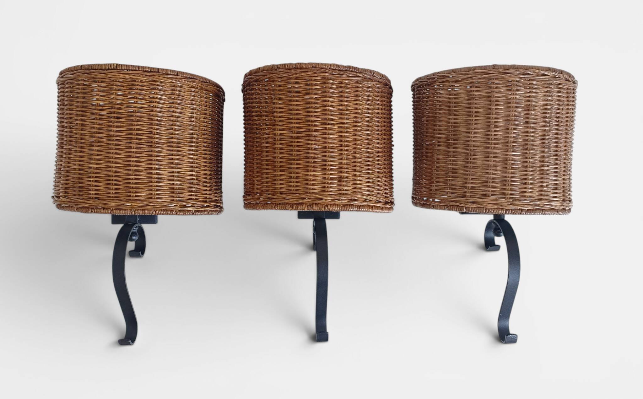 Spanish Mid-Century Wicker And Wrought Iron Wall Sconces, Three Available