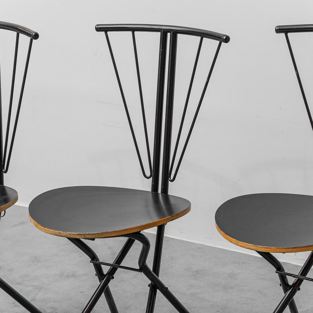 Set of 4 folding chairs in metal and wood, 1970s vintage