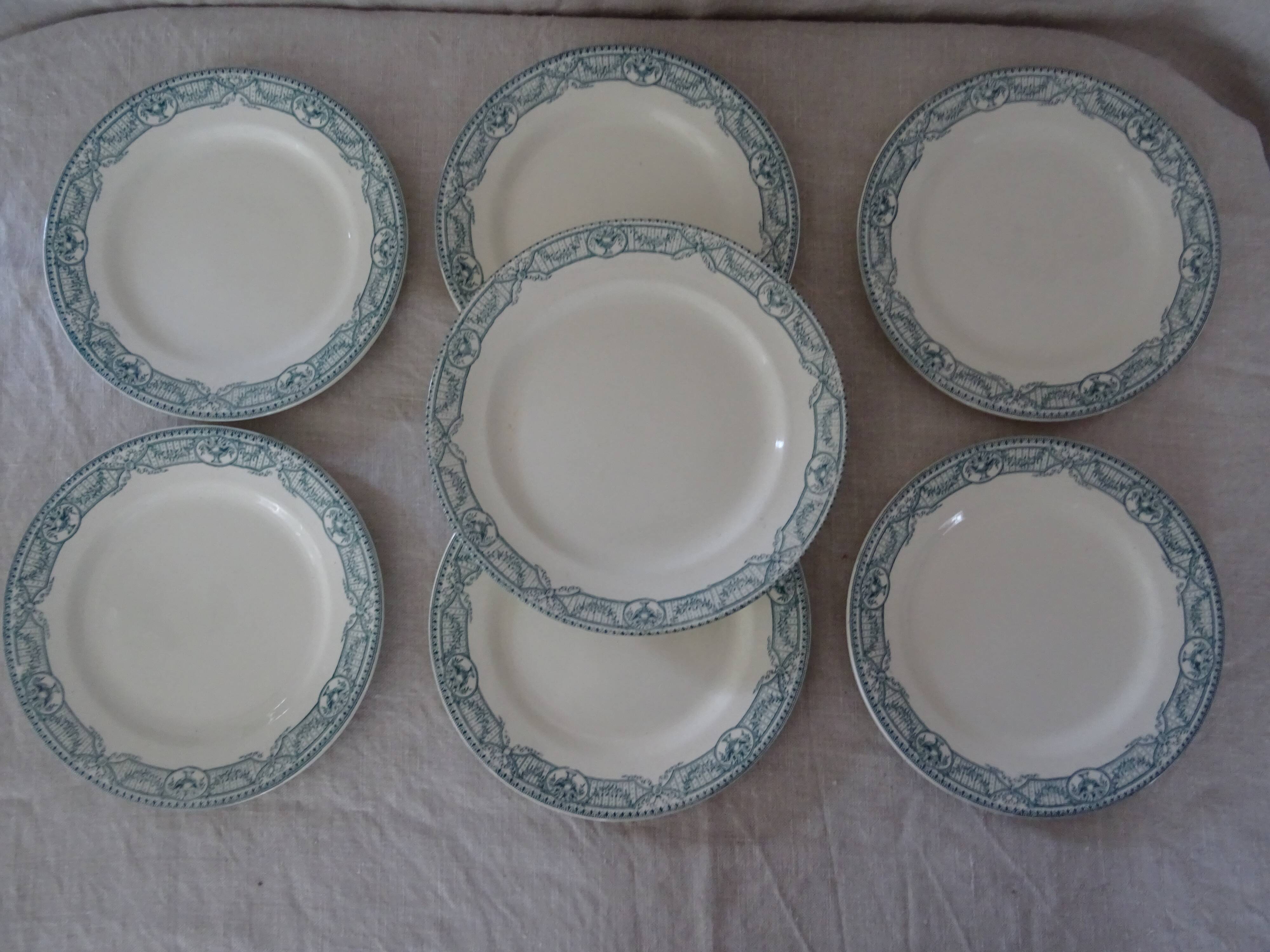 6 Plates and 1 dish Terre De Fer Salins Directoire decoration green faience old GB