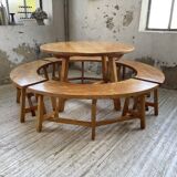 Set of round table and 4 rounded benches, 1950
