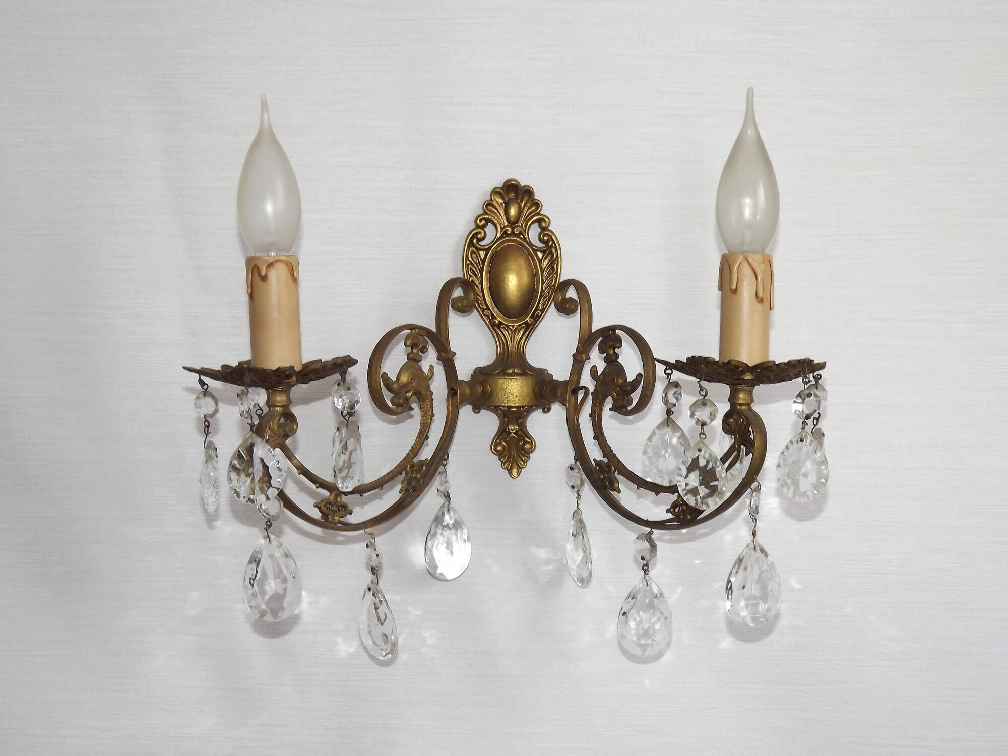 French Vintage Double Bronze & Crystal Wall Light - Stylized Dolphin Detail