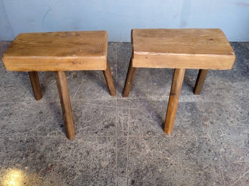 Pair of low stools in old patinated solid wood