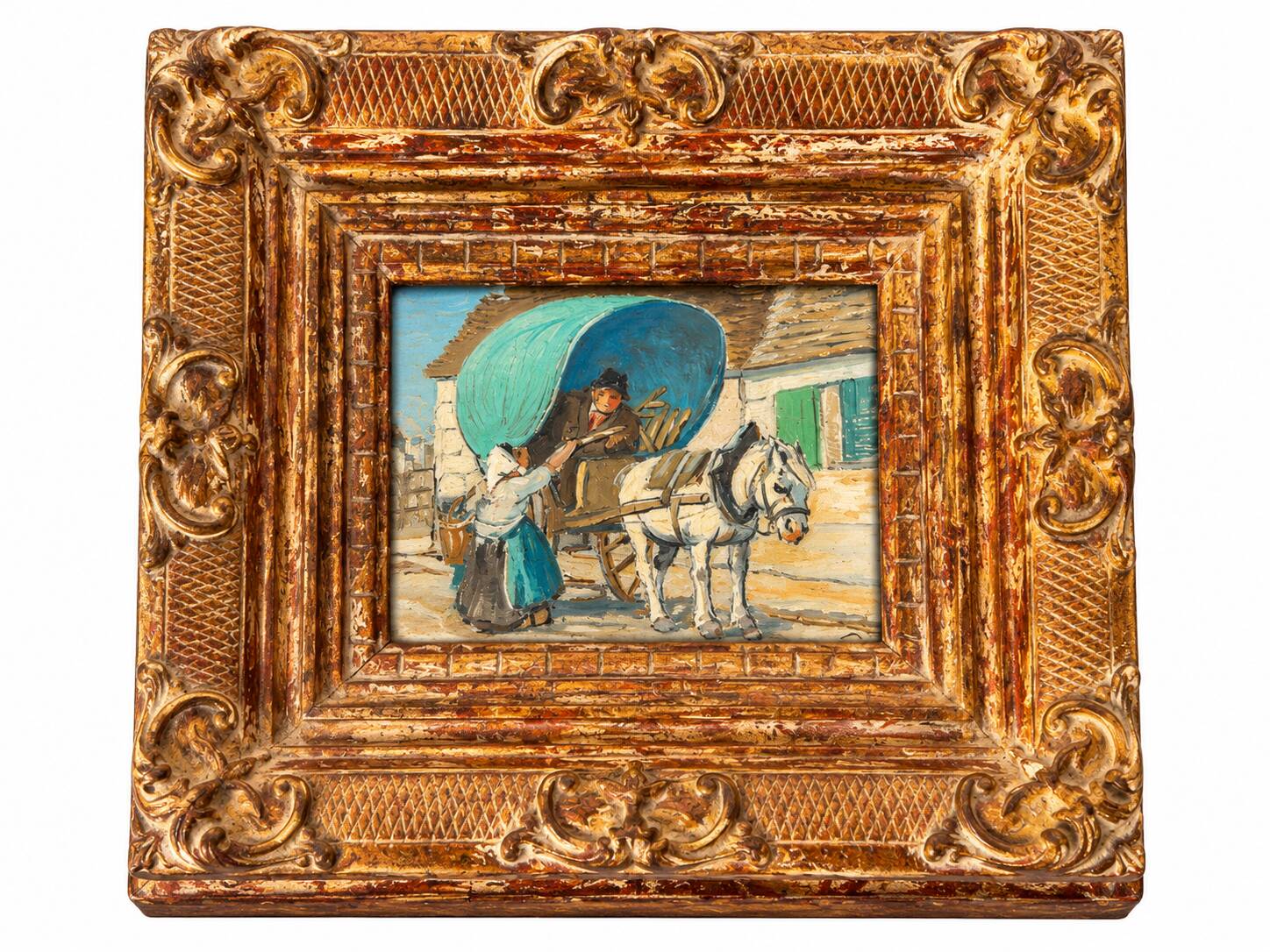 Small antique painting signed Daniel Rouvière – Village scene with horses