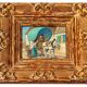 Small antique painting signed Daniel Rouvière – Village scene with horses