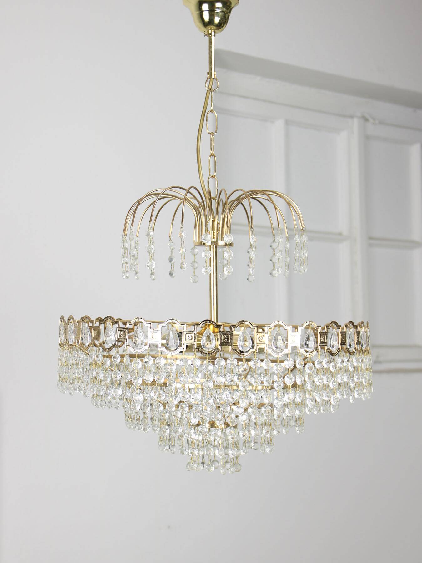 Vintage Italian Crystal and Golden Metal Chandelier, 80s