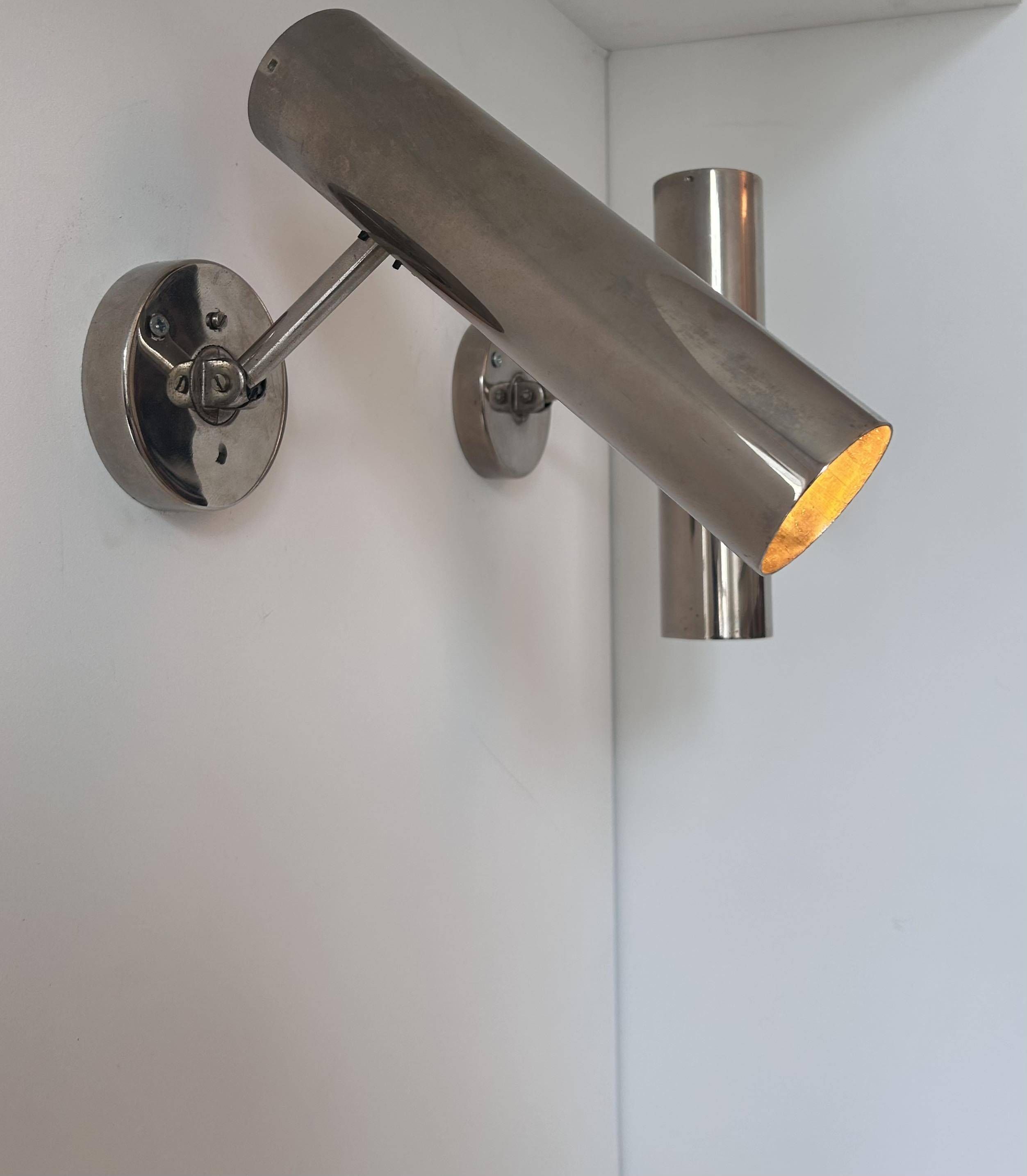 Pair of modernist adjustable wall lights, chrome metal, France 1960