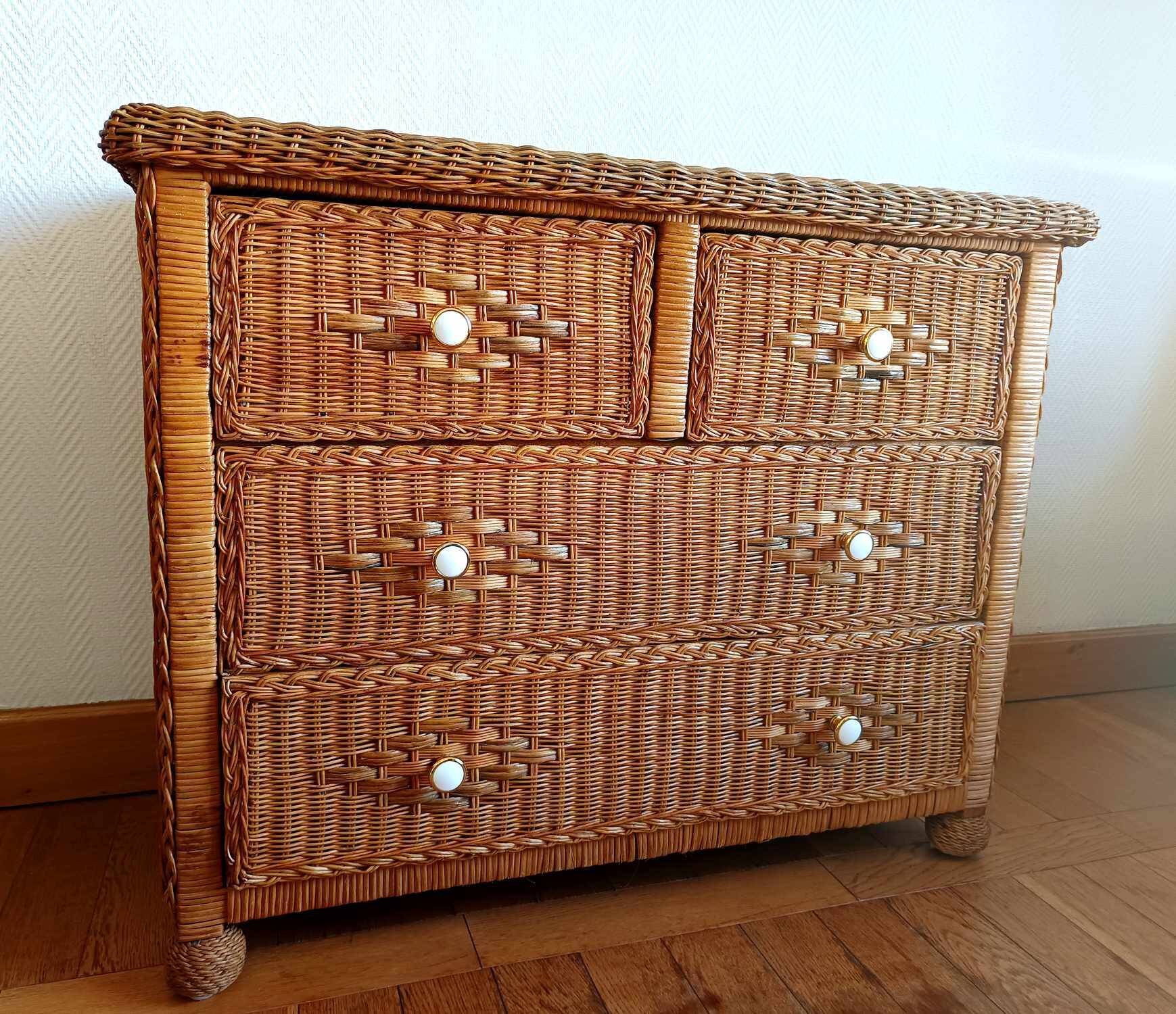 Commode en rotin vintage 1970