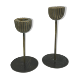 Set of2 brass striated candle holders