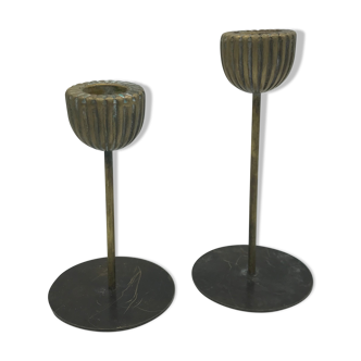 Set of2 brass striated candle holders