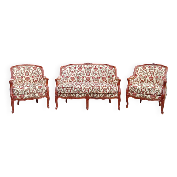 Salon ancien banquette et fauteuils bergère style Louis XV