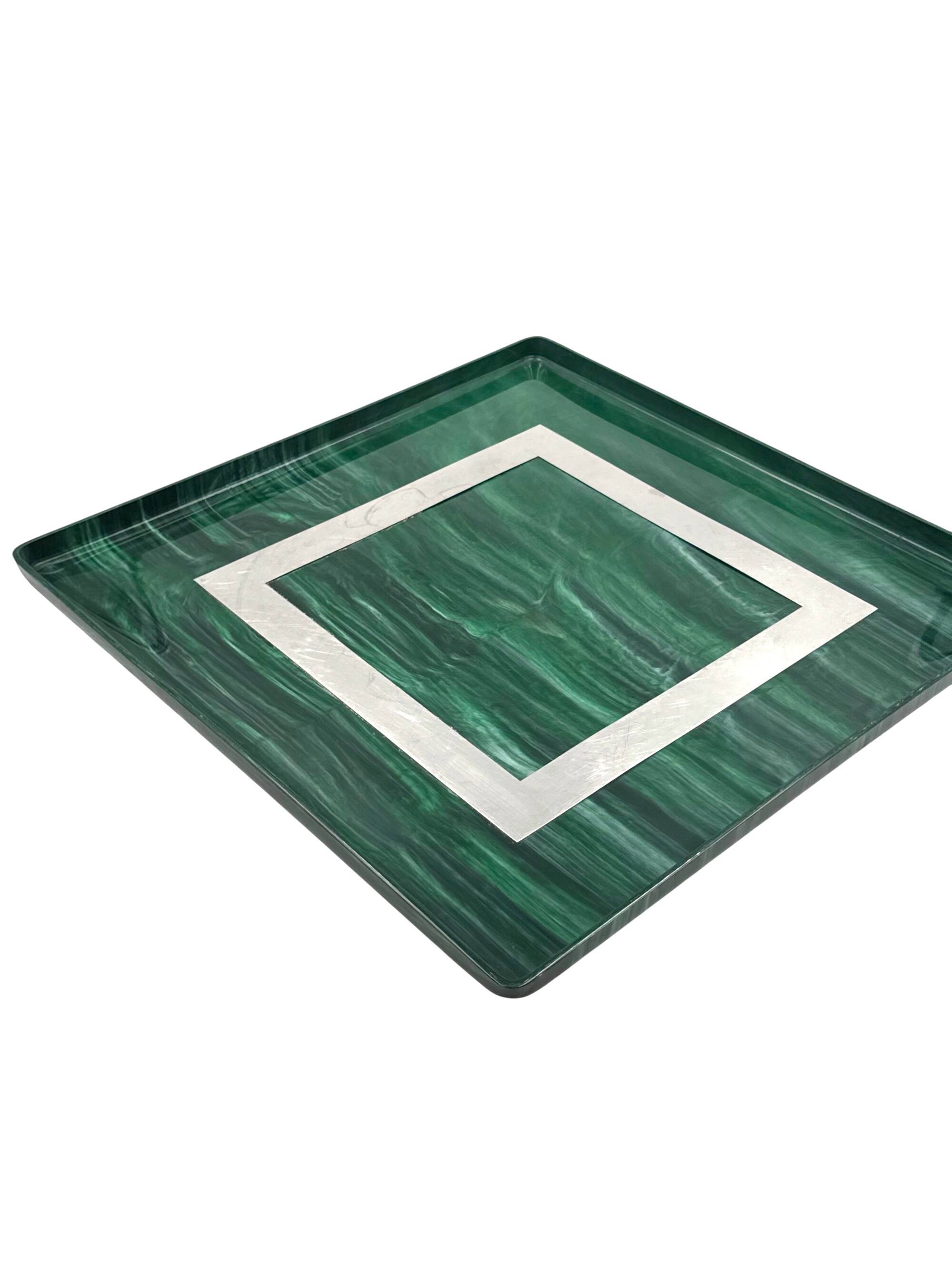 Hollywood regency malachite effect resin & brass tray, Italy 1970s