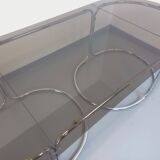 Large vintage modular oval dining table in smoked glass and chromed metal, Space Age style, 70s