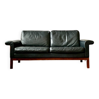 Black leather sofa, asko, finland 1960s, vintage, mid-c modern