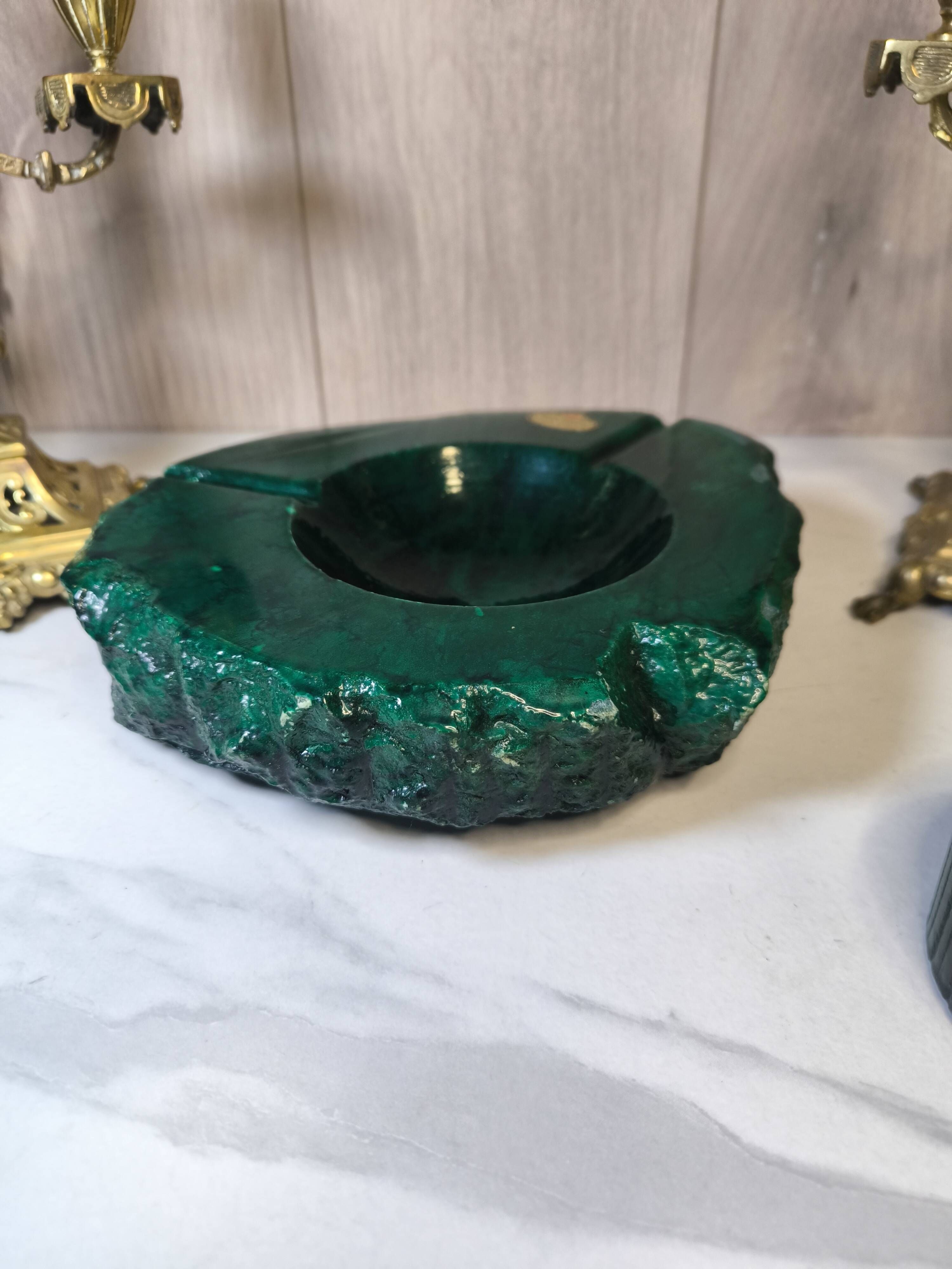 Vintage 70's Desk Set in Green Alabaster Malachite - 3 Pieces - Ita