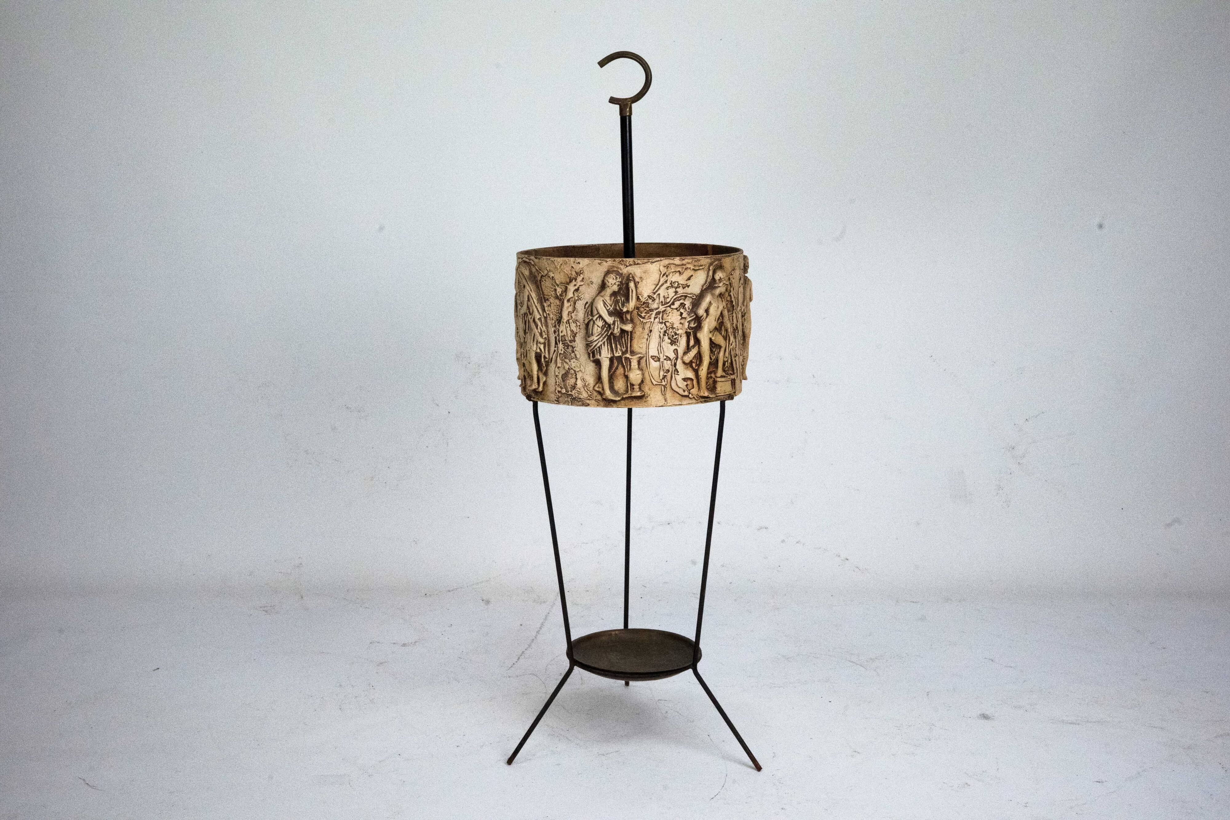 Mid-Century Umbrella Stand in Iron and Brass with Neoclassical Relief, Ital