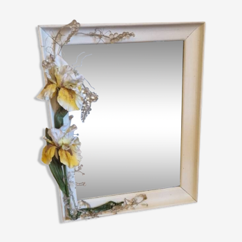 Large vintage mirror with white frame and iris and grape floral decorations