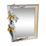 Large vintage mirror with white frame and iris and grape floral decorations