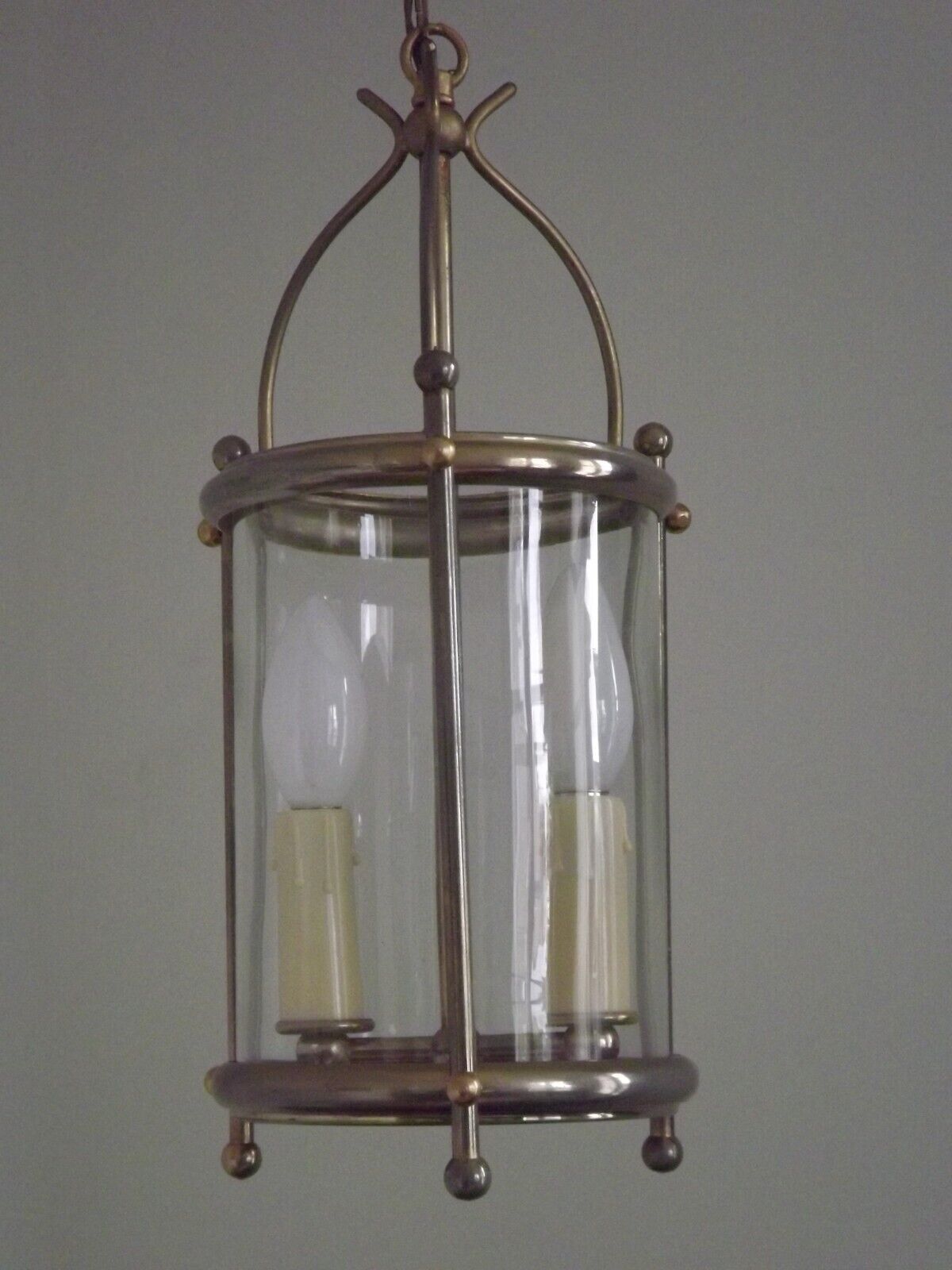 French vintage silver finished brass cylindrical glass 2 light hall lantern 3929