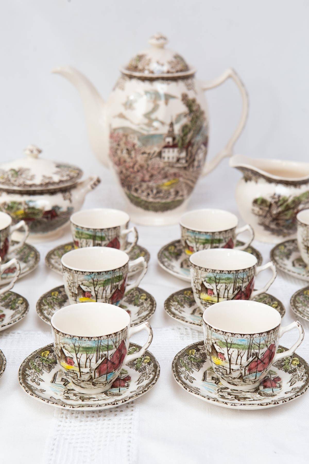 English coffee service for 12 people, “The Friendly Village” Johnson Bros 1960