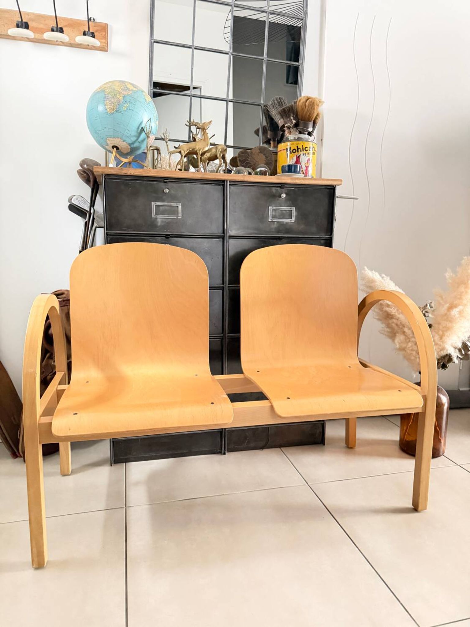 Vintage blonde wood two-seater bench by Baumann