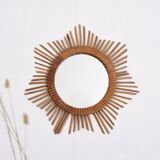 Old sun mirror 49 cm in rattan, star.