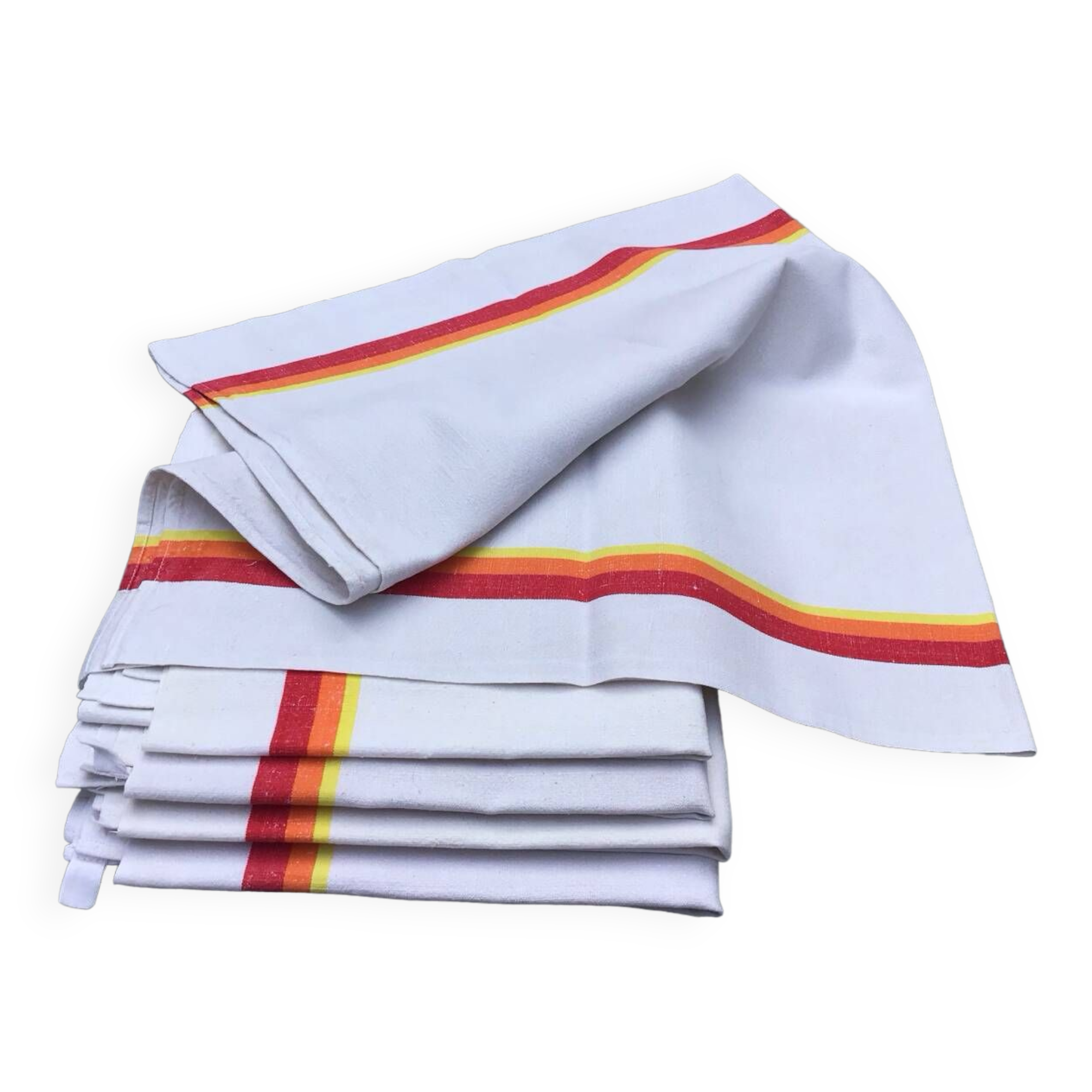 5 old tea towels in ecru linen with orange, red and yellow stripes