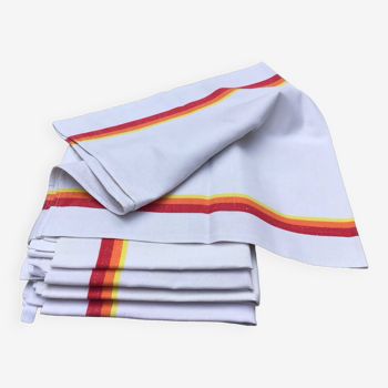 5 old tea towels in ecru linen with orange, red and yellow stripes