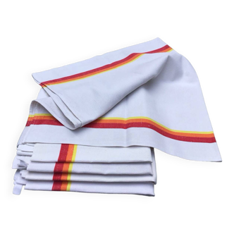 5 old tea towels in ecru linen with orange, red and yellow stripes