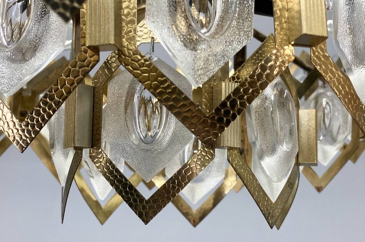 Faceted glass chandelier brass Jaroslav Bejvl Kamenický Šenov 1960s Czechoslovakia