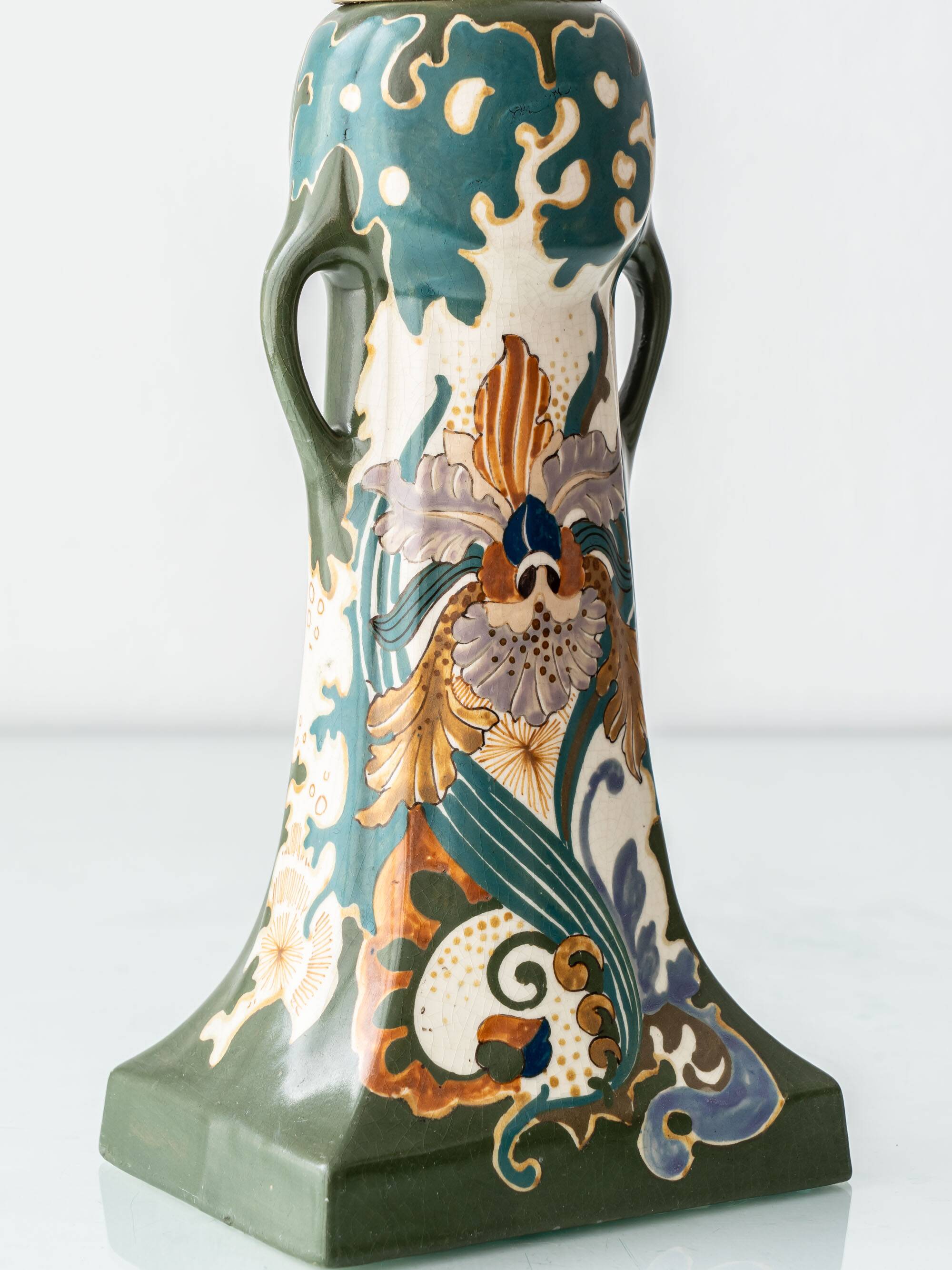 Pair of Dutch Art Nouveau Ceramic Table Lamps, circa 1915, with New Ochre Linen Shades